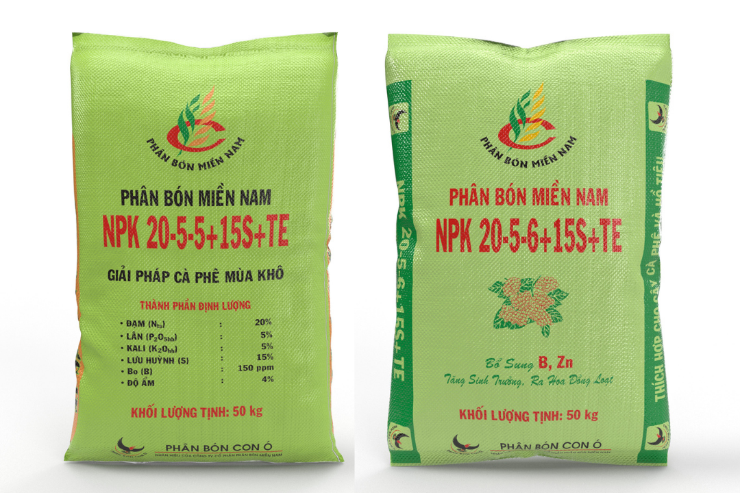 Sản phẩm Phân bón Miền Nam NPK 20-5-5+15S+TE, NPK 20-5-6+15S+TE bón cho cây cà phê trong mùa khô