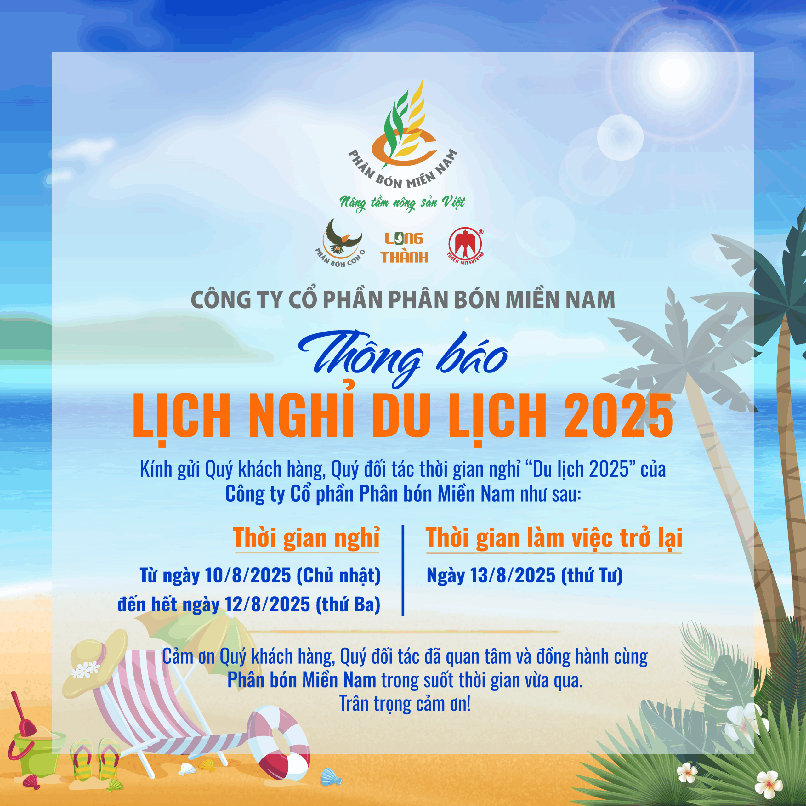 THÔNG BÁO LỊCH NGHỈ DU LỊCH 2025